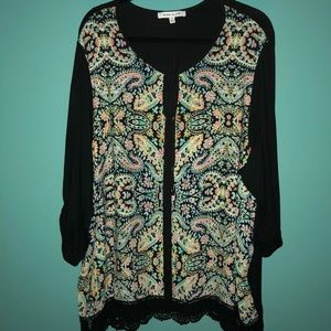 Rose + Olive Print Tie Neck Tunic Boho Print 2X